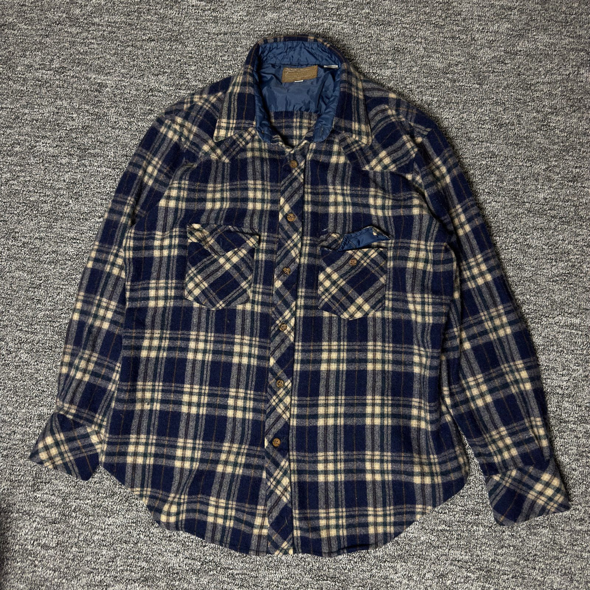JCPenney Western Shop Flannel Shirt Mens 17-34 Navy Plaid