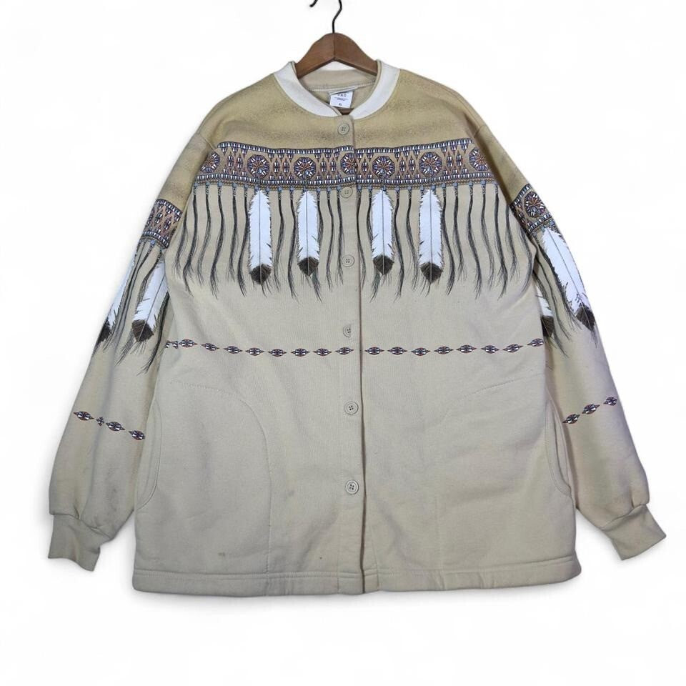 Vintage Southwestern Feather Print Jacket Button Up Men's XL