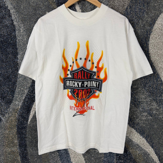 Vintage 2002 Rocky Point Rally Tee Mens L White Flame Y2K