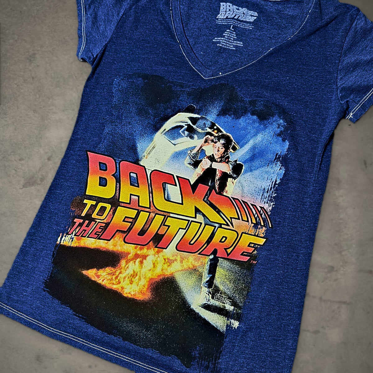Back to the Future Tee Womens L Blue V-Neck Graphic