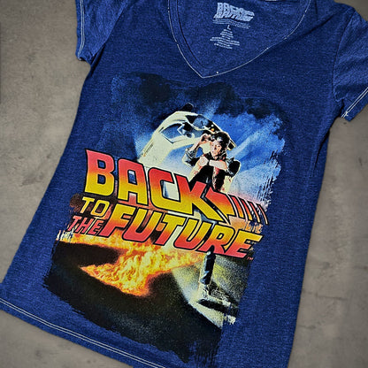 Back to the Future Tee Womens L Blue V-Neck Graphic