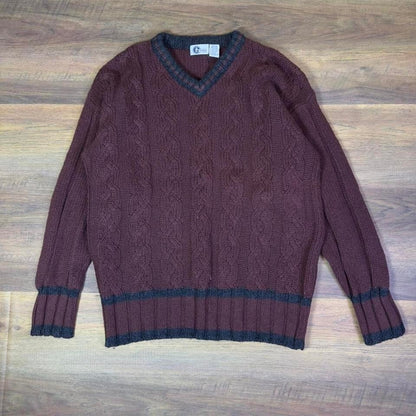 Vintage Arizona Jean Cable Knit Sweater Men M Burgundy VNeck