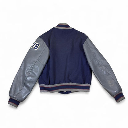 Vintage Unbranded Varsity Letterman Jacket Mens M Navy Blue Grey Leather 70s 76