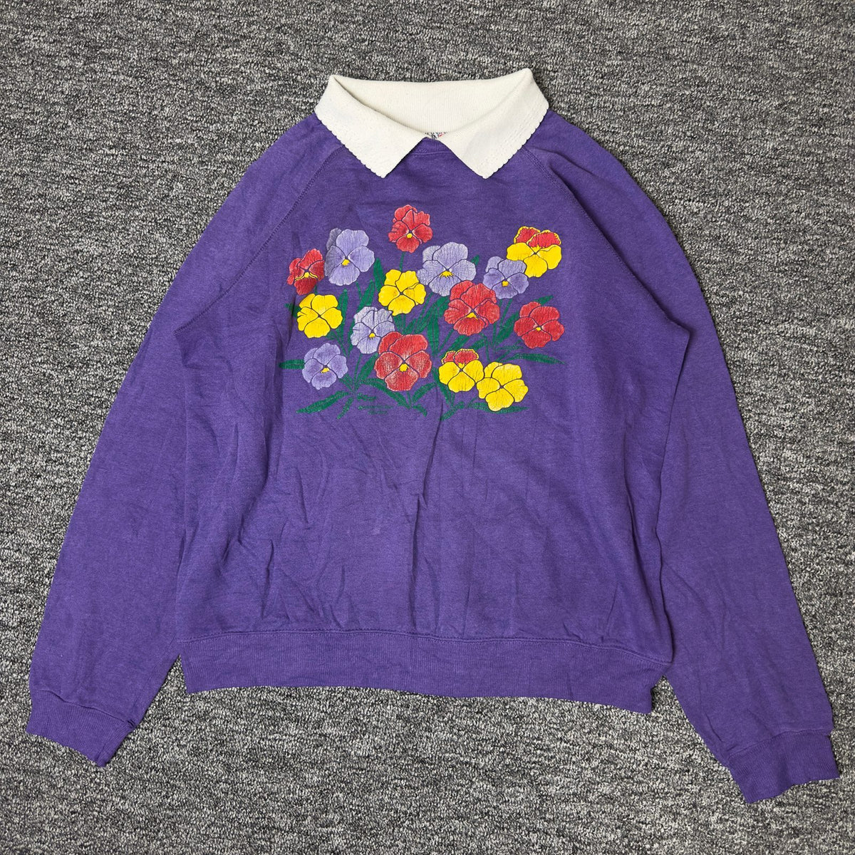 Morning Sun Pansy Floral Collared Sweatshirt Purple L Boho