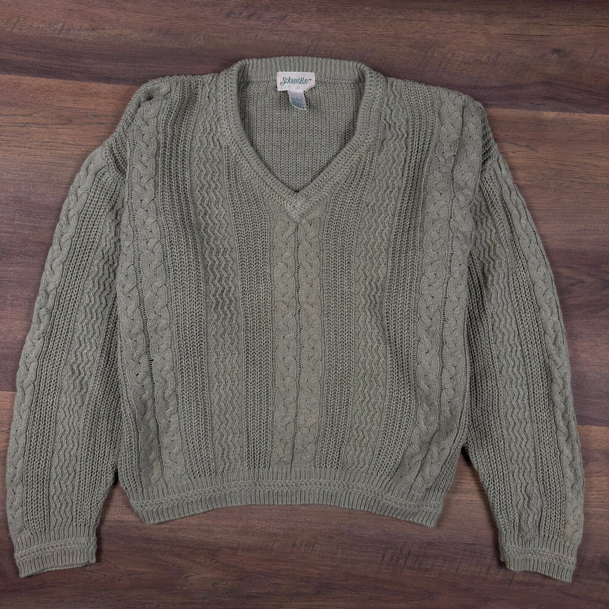 Vintage 90s St Johns Bay Cable Knit V-Neck Sweater Mens L
