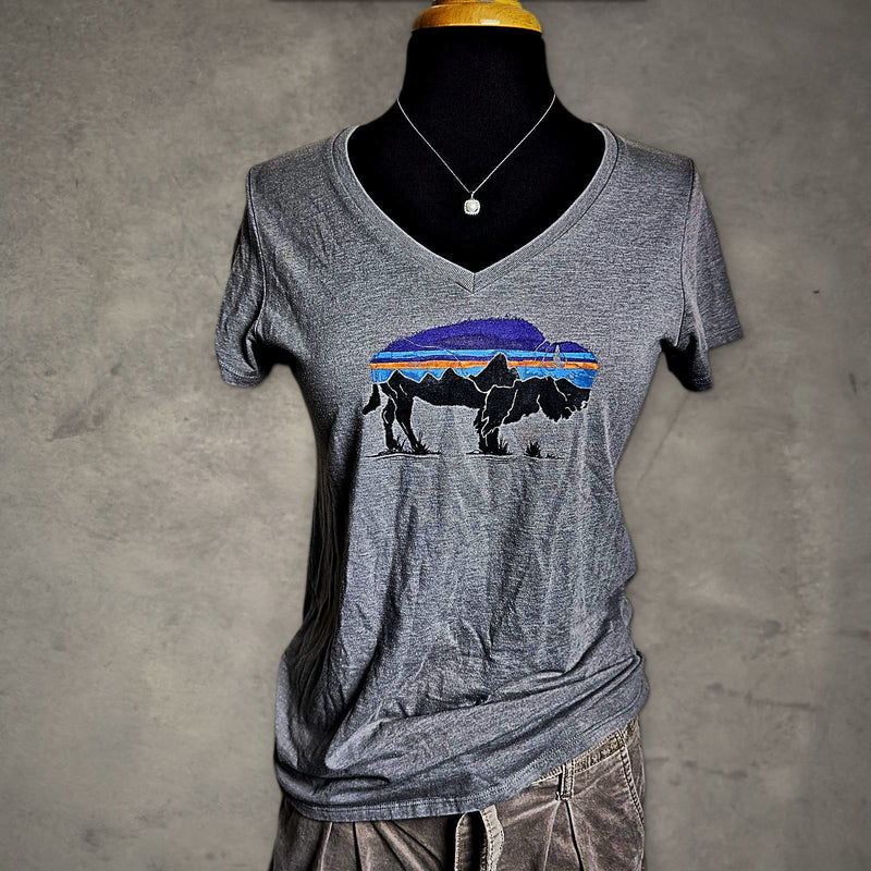 Patagonia Bison Graphic V-Neck Tee Womens S Gray Gorpcore