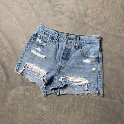 Levi's 501 High Rise Shorts Womens 25 Light Blue Distressed