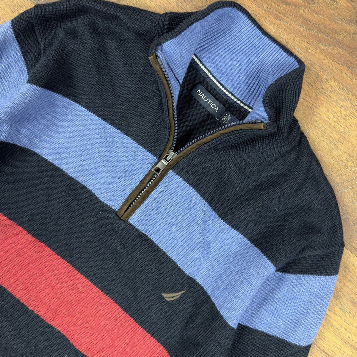 Nautica Striped Quarter Zip Sweater Mens M Navy Blue Red