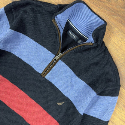 Nautica Striped Quarter Zip Sweater Mens M Navy Blue Red