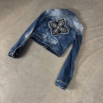 Y2K Miss Me Denim Jacket Womens S Blue Embroidered Cross Back Distressed McBling
