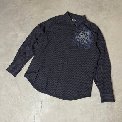 Y2K Machine Pinstripe Graphic Button Down Shirt Men XL Black