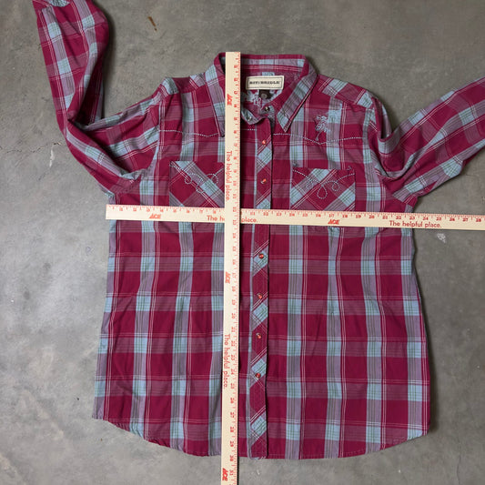 Bit & Bridle Western Pearl Snap Plaid Shirt Womens 1X Pink