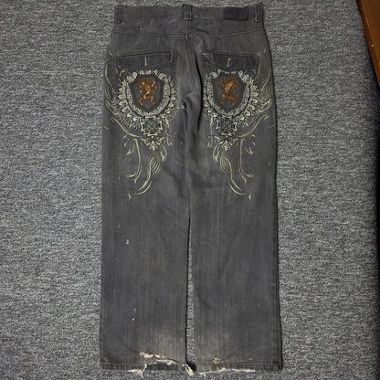 Y2K Gothic Lion Crest Embroidered Baggy Denim Jeans Gray