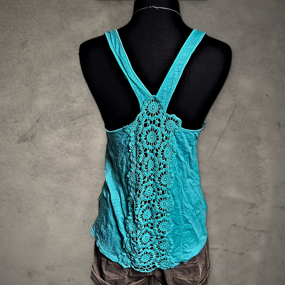 SO Crochet Lace Racerback Tank Top Womens L Turquoise Boho