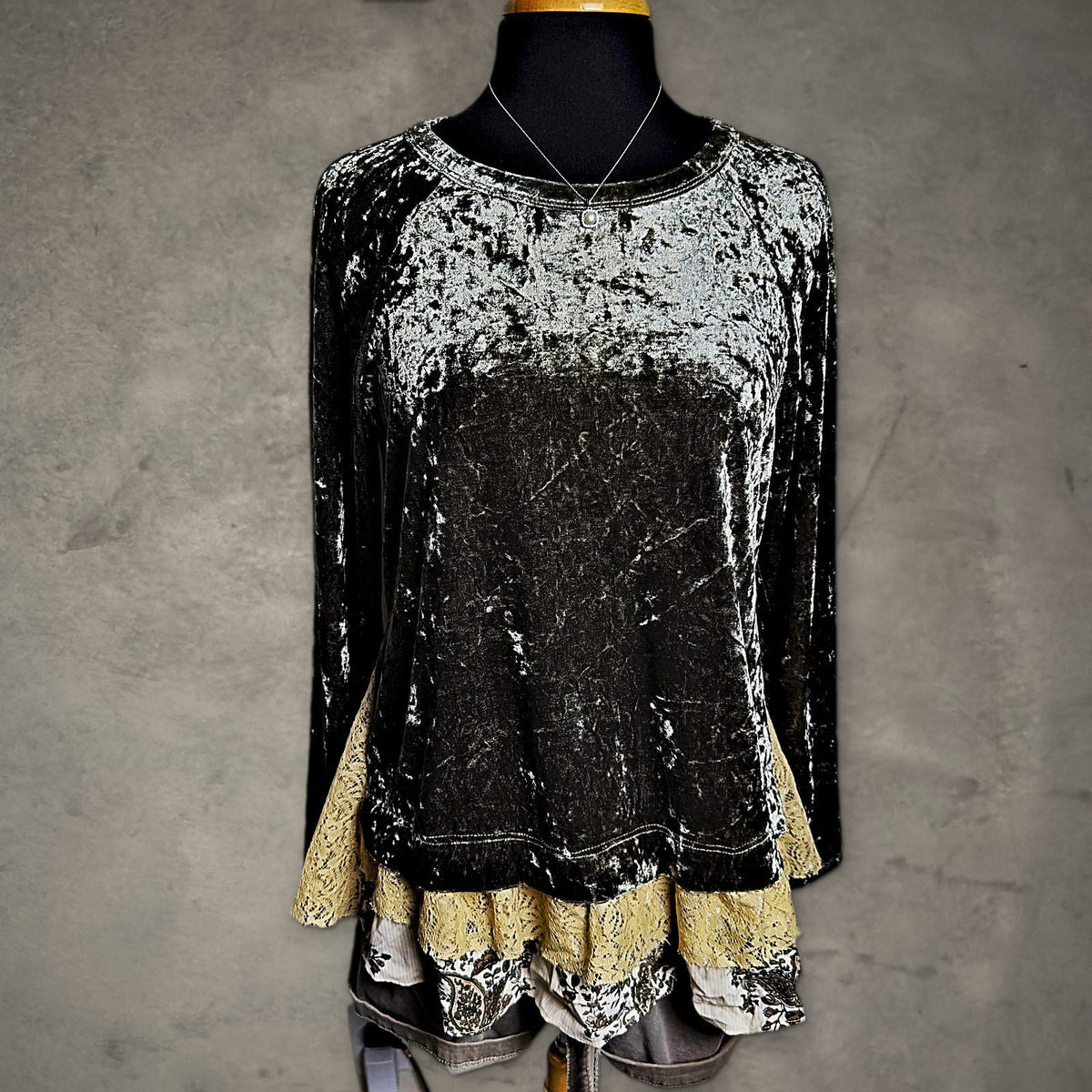 Mystree Crushed Velvet Lace Top Womens M Olive Green Boho