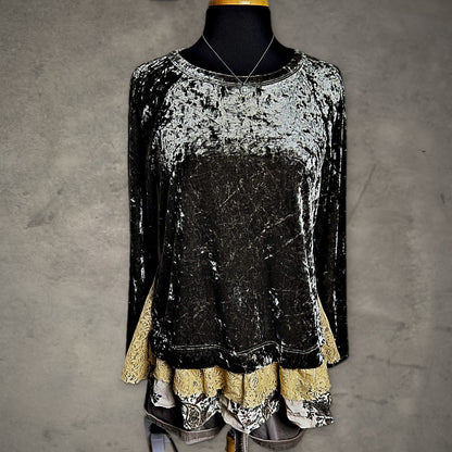 Mystree Crushed Velvet Lace Top Womens M Olive Green Boho