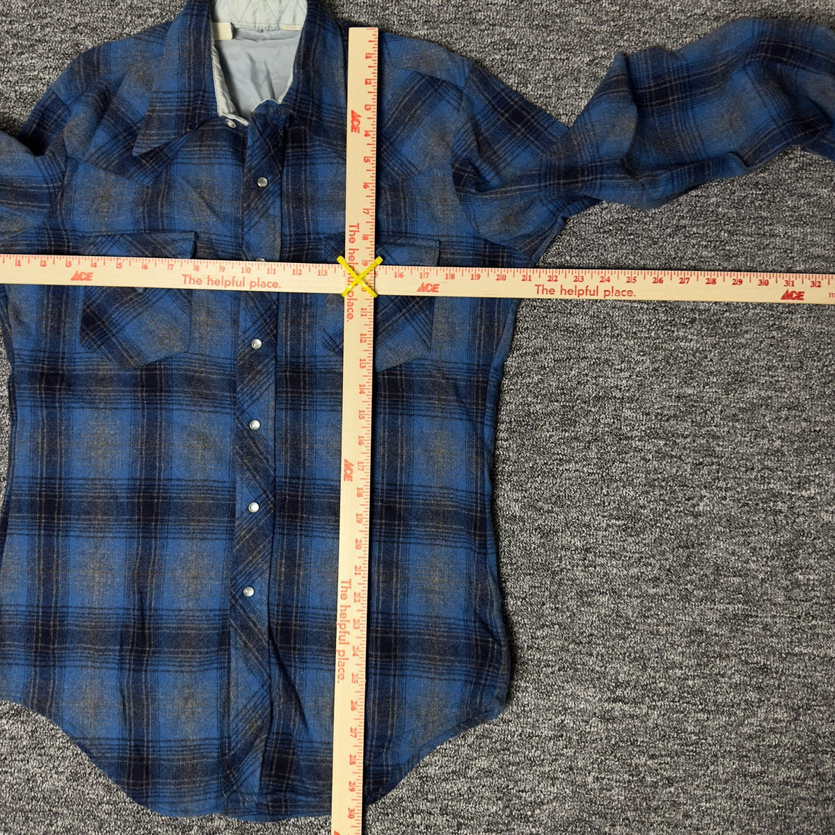 Wool Western Pearl Snap Flannel Shirt Mens Blue Plaid Ranch