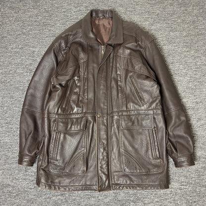 Leather Jacket Mens XL Brown Zip Snap Multi Pocket
