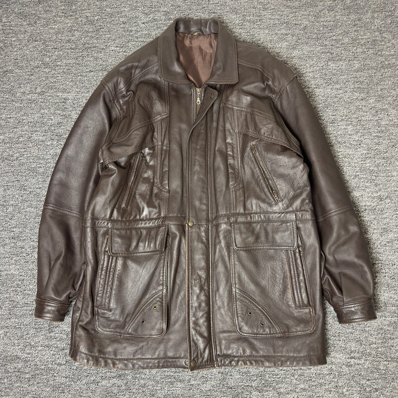 Leather Jacket Mens XL Brown Zip Snap Multi Pocket