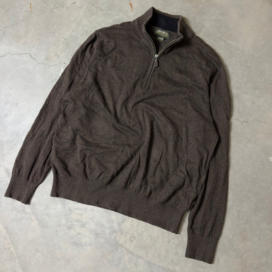 Eddie Bauer Quarter Zip Sweater Mens L Brown Cashmere Blend