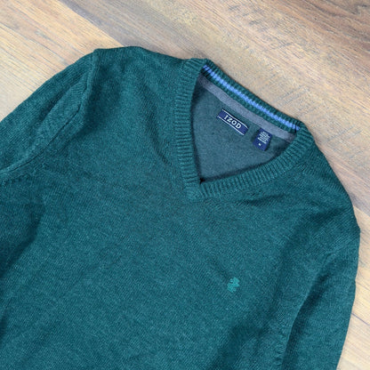 IZOD V-Neck Sweater Mens M Forest Green Marl Knit Ivy League
