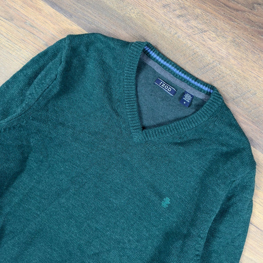 IZOD V-Neck Sweater Mens M Forest Green Marl Knit Ivy League