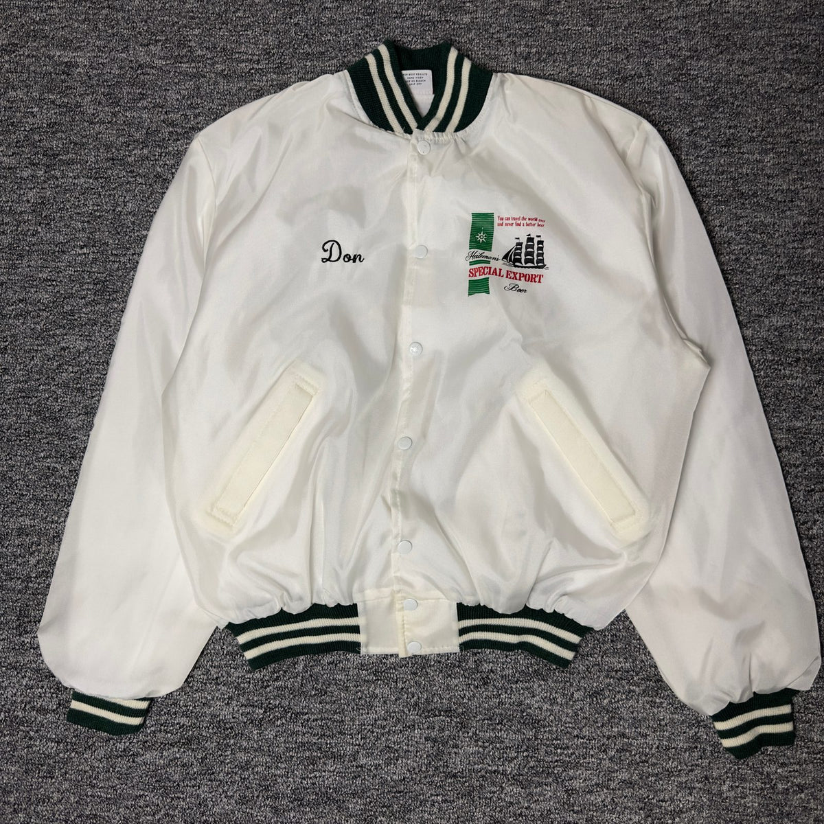 Birdie Heileman's Beer Satin Bomber Jacket L White Green