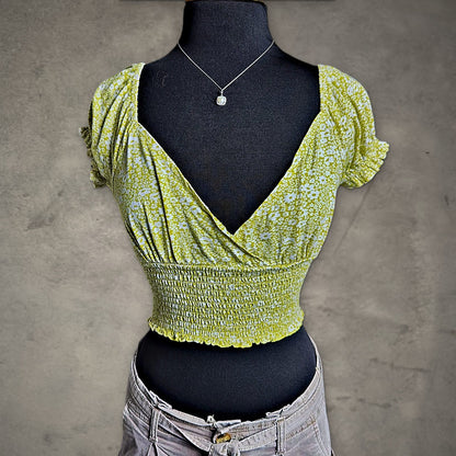 Billabong Floral Smocked Crop Top Womens L Green Coquette