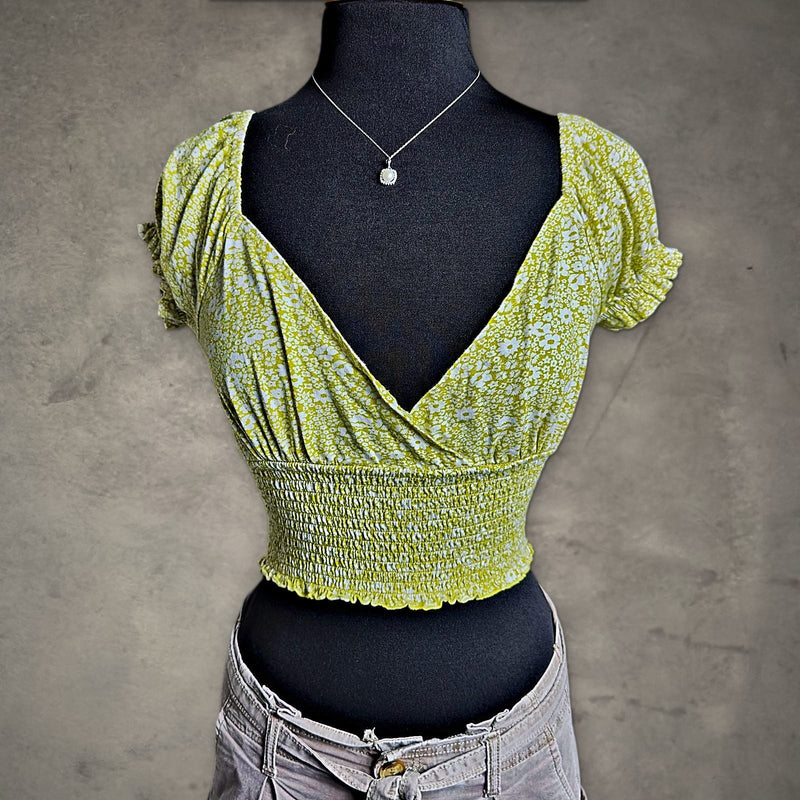 Billabong Floral Smocked Crop Top Womens L Green Coquette