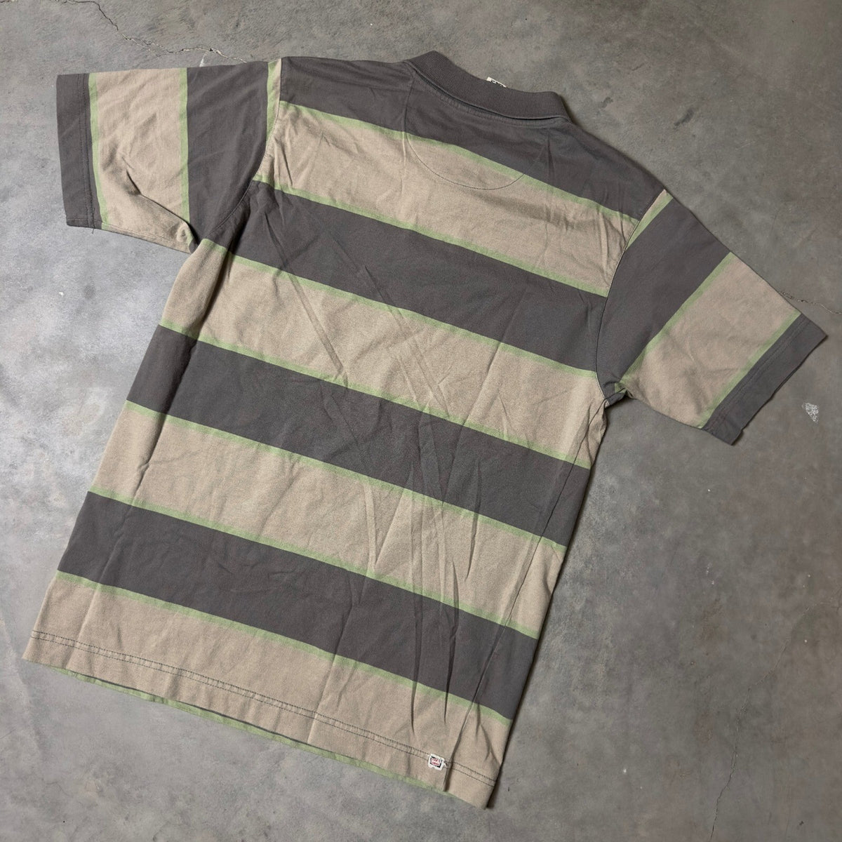 Vintage Split Polo Shirt Mens Large Gray Tan Striped Y2K