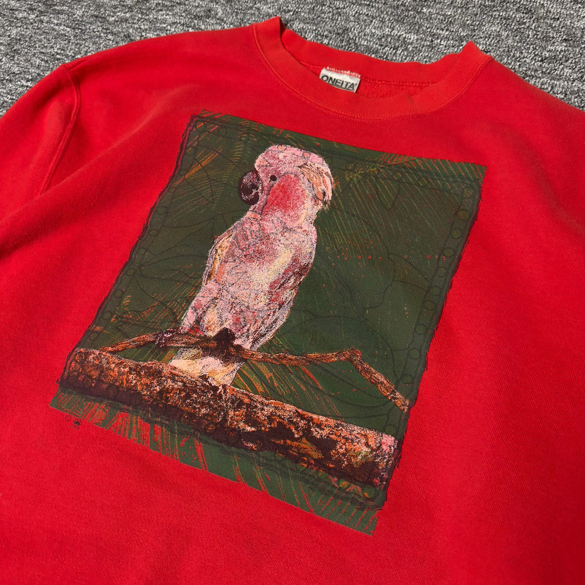 Oneita Cockatoo Parrot Print Crewneck Sweatshirt XXL Red