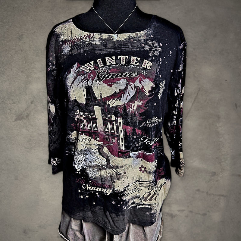 CJ Banks Winter Games Ski Graphic Top Womens 1X Black