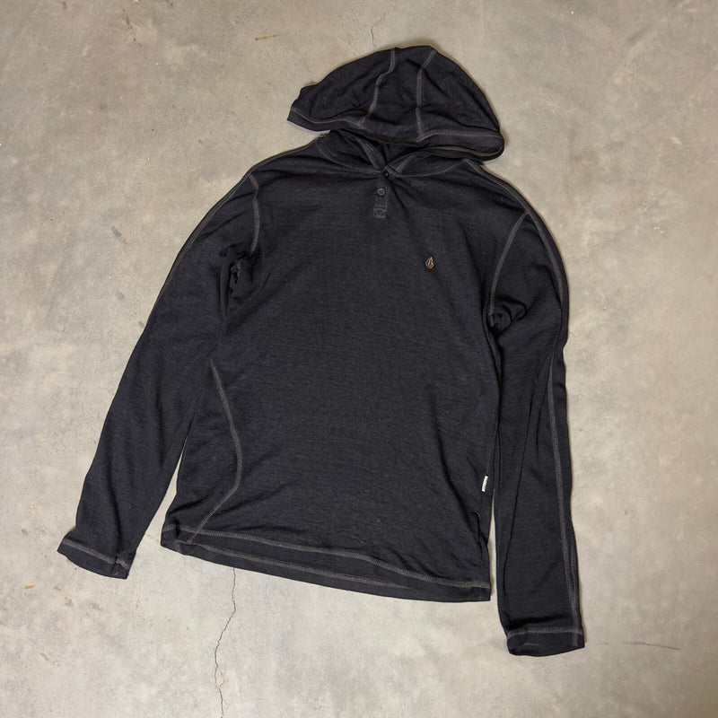 Volcom Henley Thermal Hoodie Mens Medium Black Waffle Knit