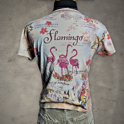 Flower N Ring Flamingo Graphic Tee Womens M Tropical Floral
