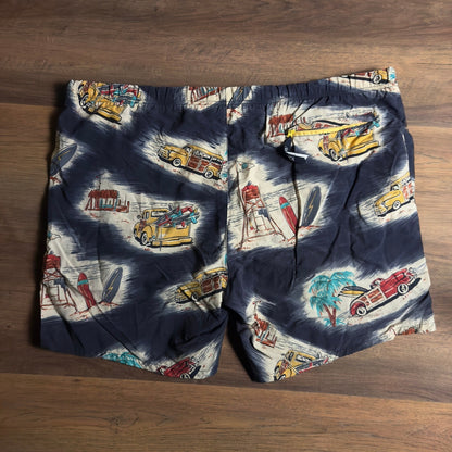 Nautica Swim Trunks Mens L Navy Blue Woody Car Surf Print