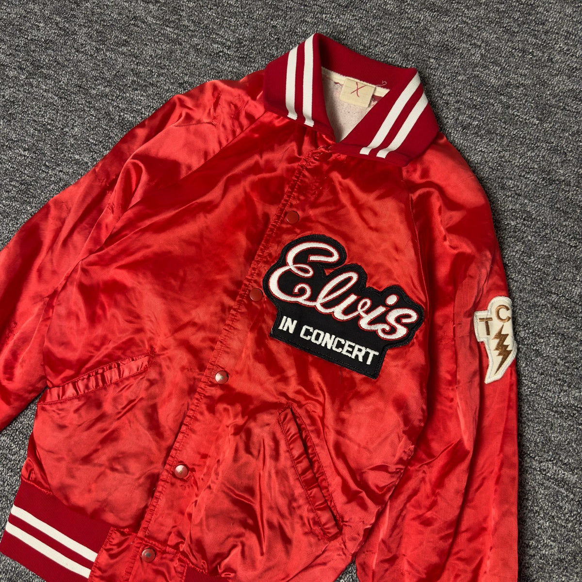 Elvis In Concert TCB Satin Bomber Jacket Red Snap Front