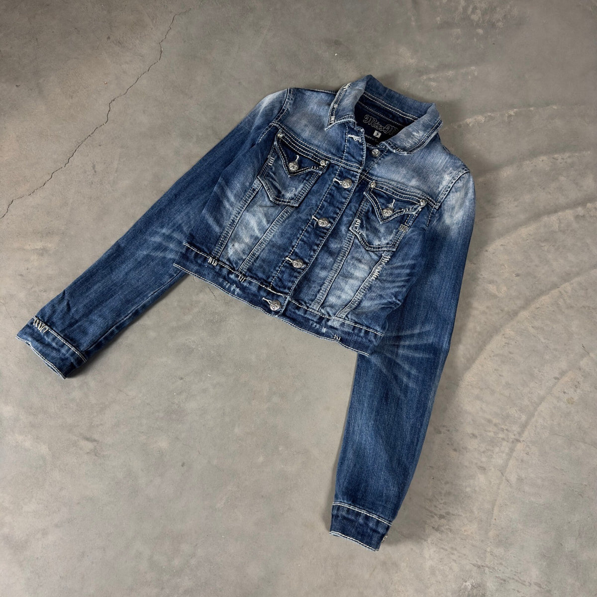 Y2K Miss Me Denim Jacket Womens S Blue Embroidered Cross Back Distressed McBling