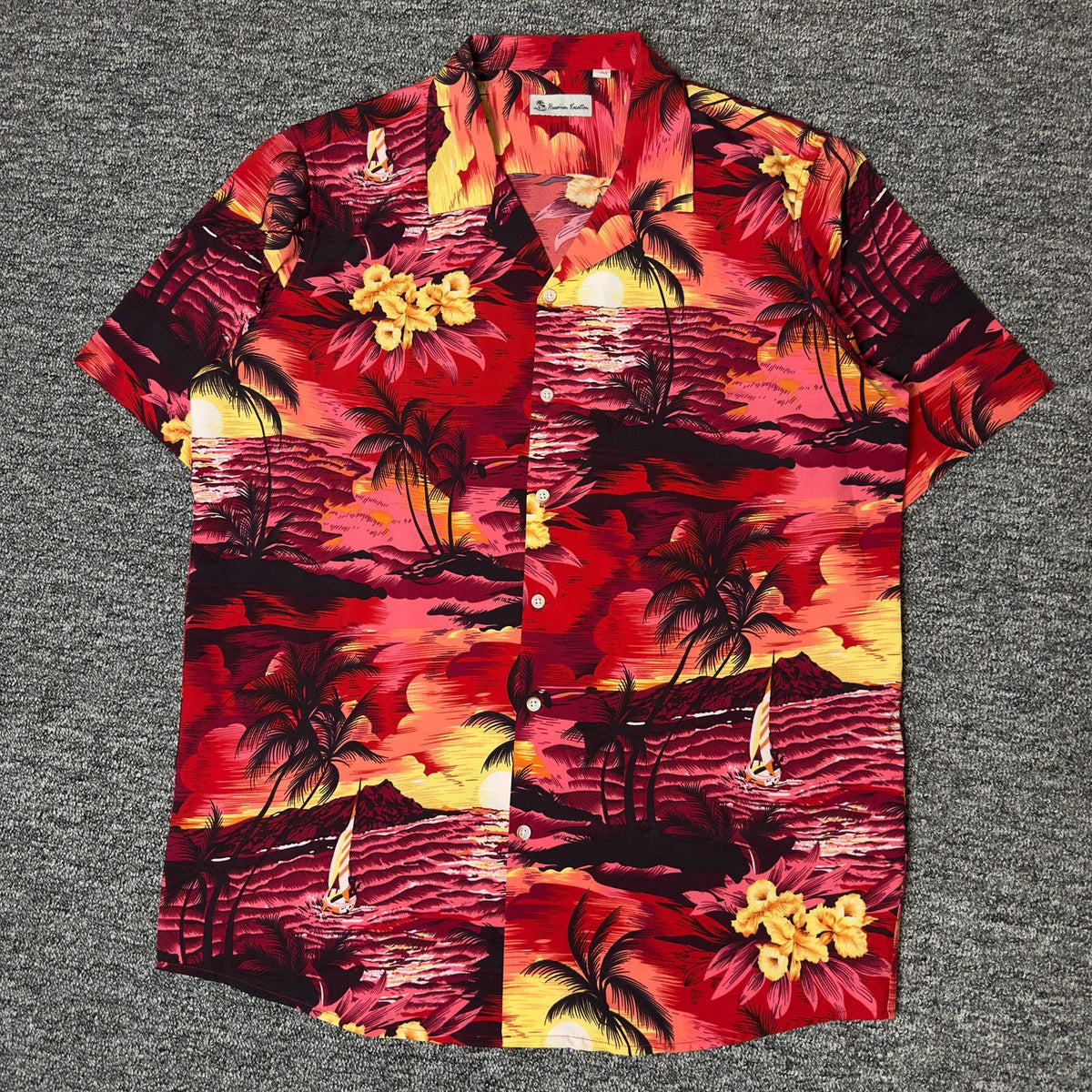 Hawaiian Vacation Sunset Print Shirt Mens L Red Tropical