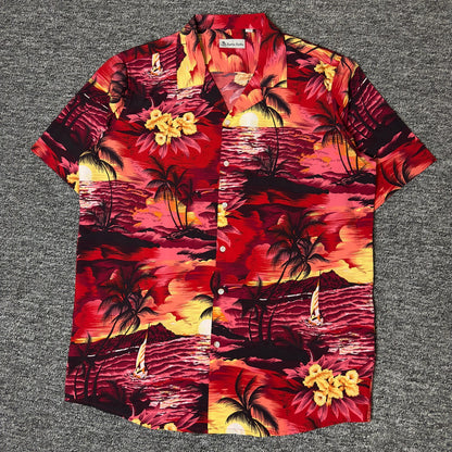 Hawaiian Vacation Sunset Print Shirt Mens L Red Tropical