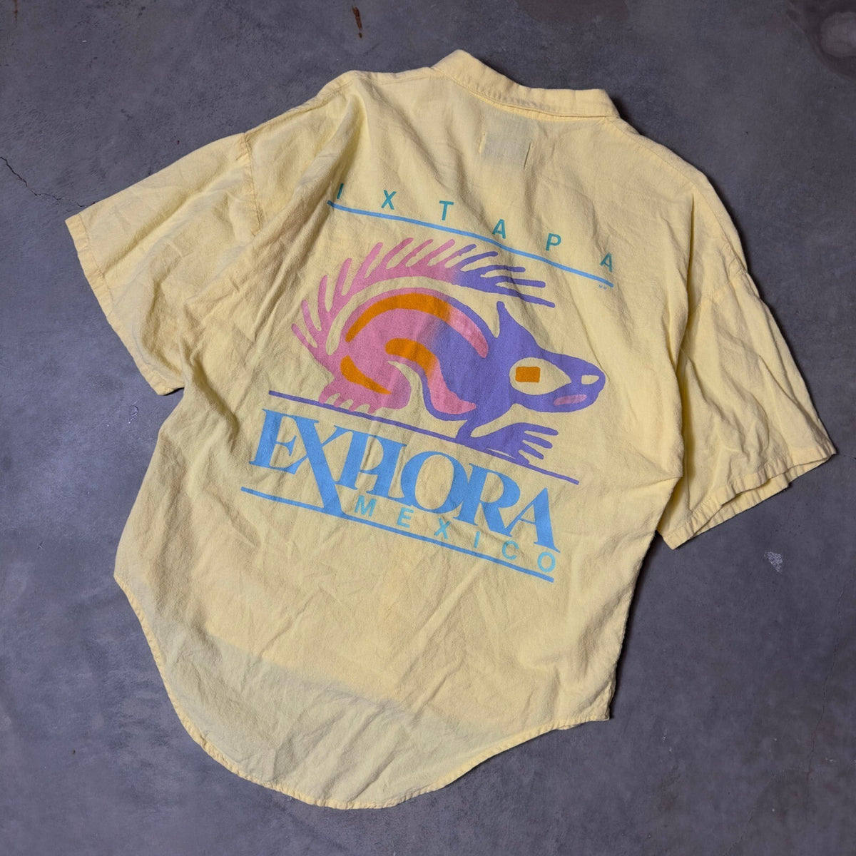 Vintage Explora Mexico Button Up Shirt Mens M Yellow Ixtapa Graphic Retro 90s
