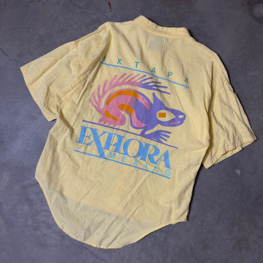 Vintage Explora Mexico Button Up Shirt Mens M Yellow Ixtapa Graphic Retro 90s
