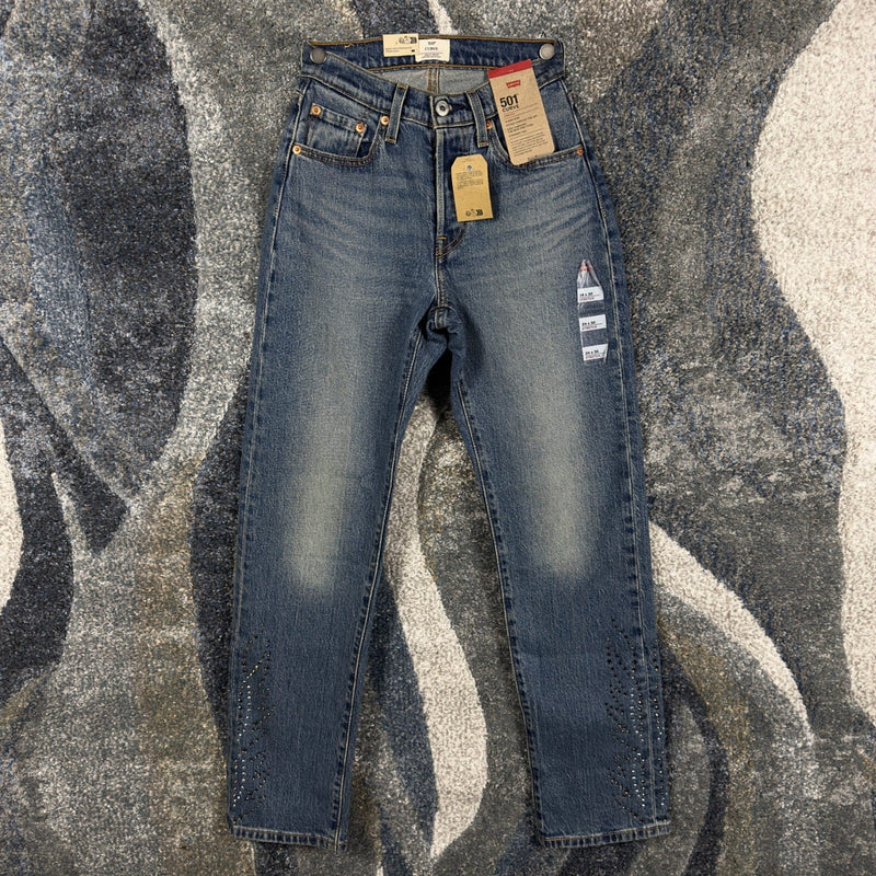 NWT Levis 501 Curve Straight Jeans Womens 24x30 Studded Blue