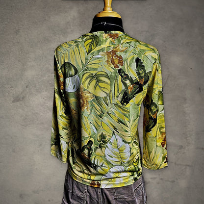 Vintage Méchant Tropical Top Womens L 3/4 Sleeve Green