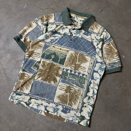 Tropical Hawaiian Patchwork Polo Mens Blue Green