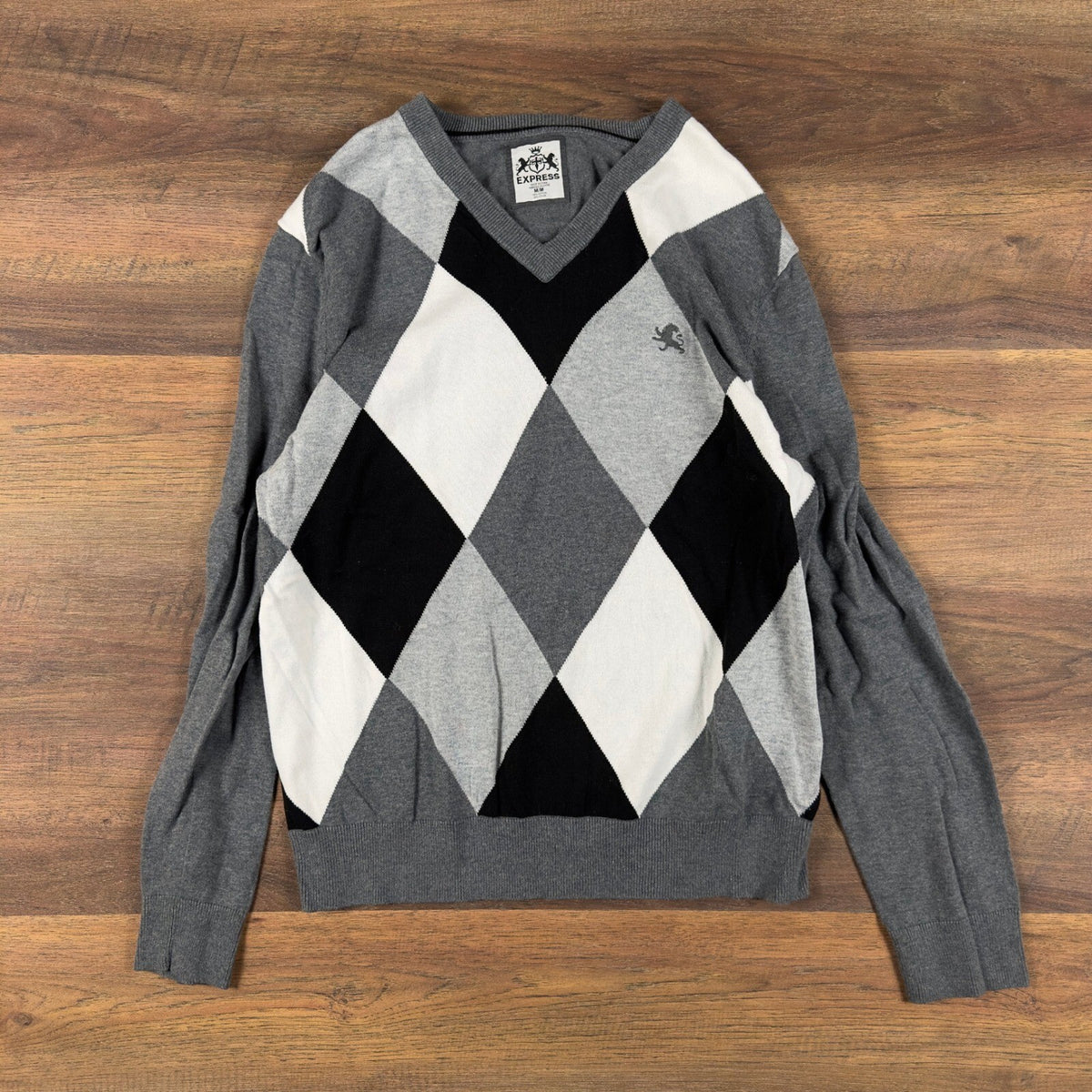 Y2K Express Argyle V-Neck Sweater Mens M Grey Black White