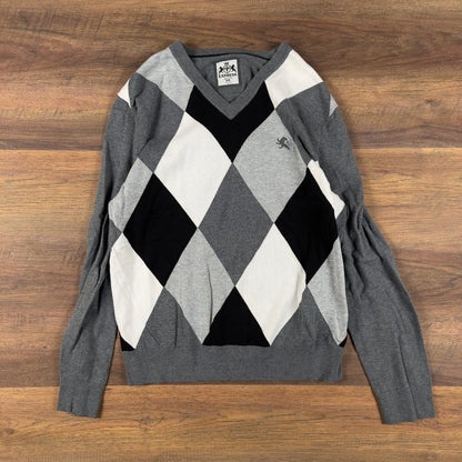 Y2K Express Argyle V-Neck Sweater Mens M Grey Black White
