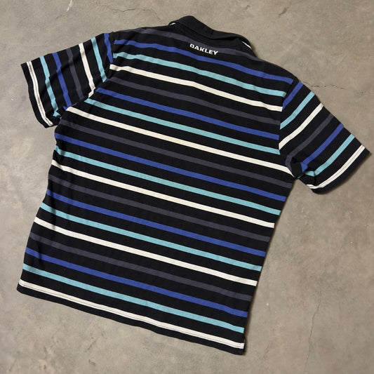 Vintage Oakley Polo Shirt Mens XL Black Blue Striped Gorpcore Y2K Streetwear