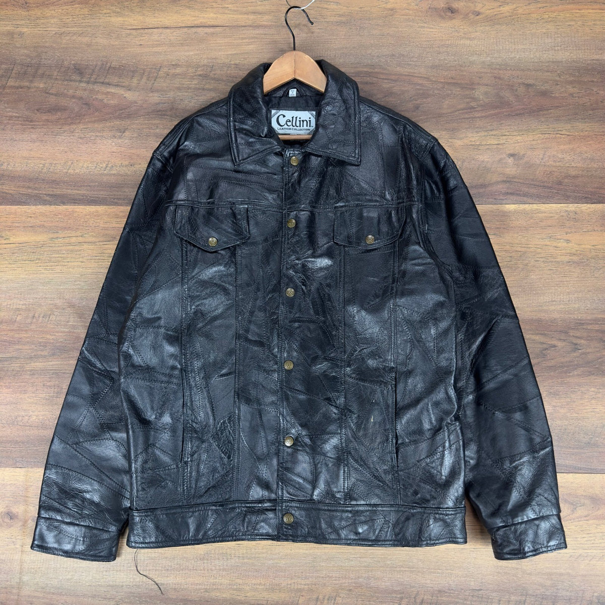 Cellini Leather Collection Mens XXL Black Patchwork Crazy Stitch Trucker Jacket