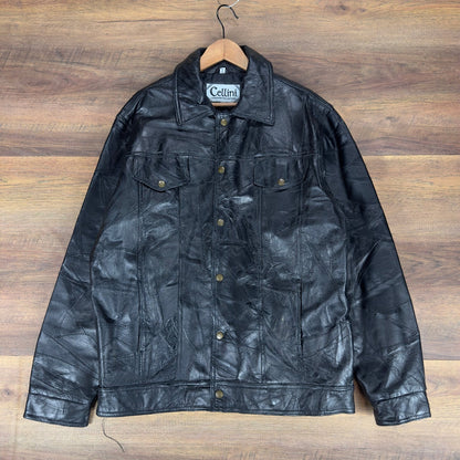 Cellini Leather Collection Mens XXL Black Patchwork Crazy Stitch Trucker Jacket