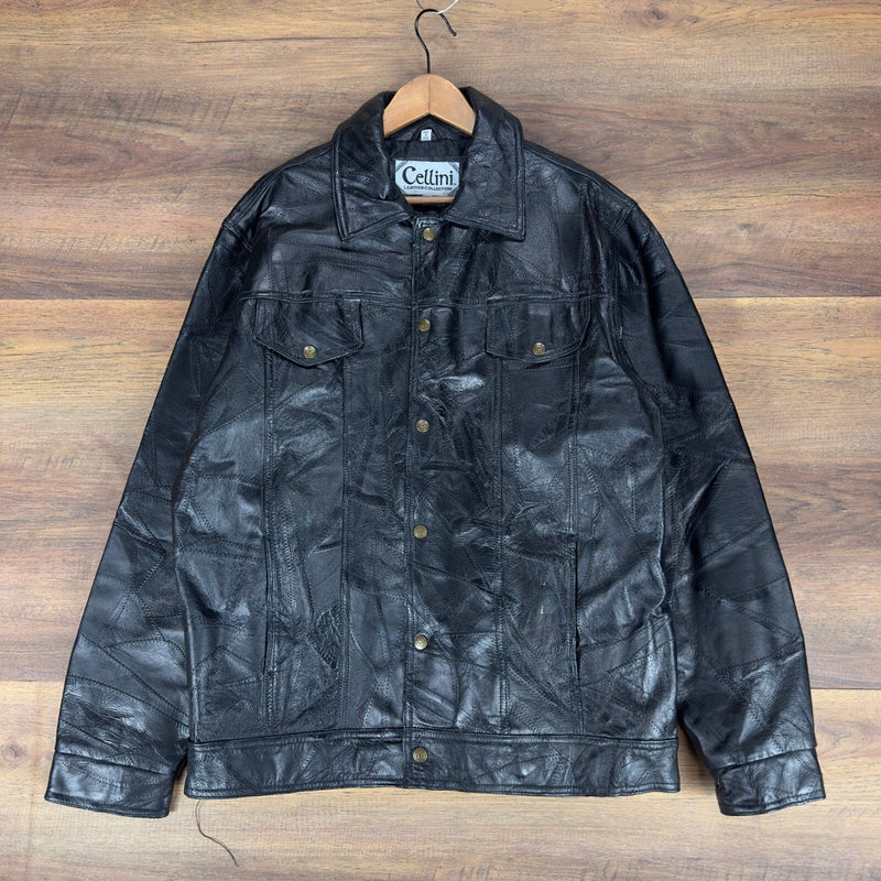 Cellini Leather Collection Mens XXL Black Patchwork Crazy Stitch Trucker Jacket